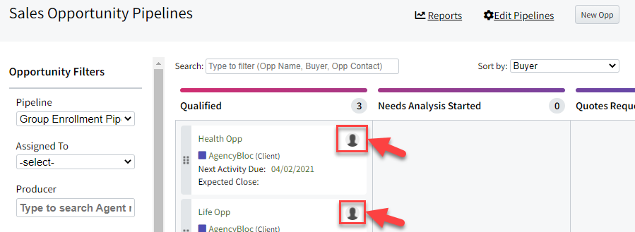 Screenshot showing the profile photo on the a Sales Opportunity on the Sales Pipelines Board