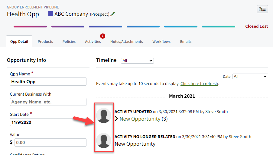 Screenshot showing the profile photo on the Sales Opportunity timeline