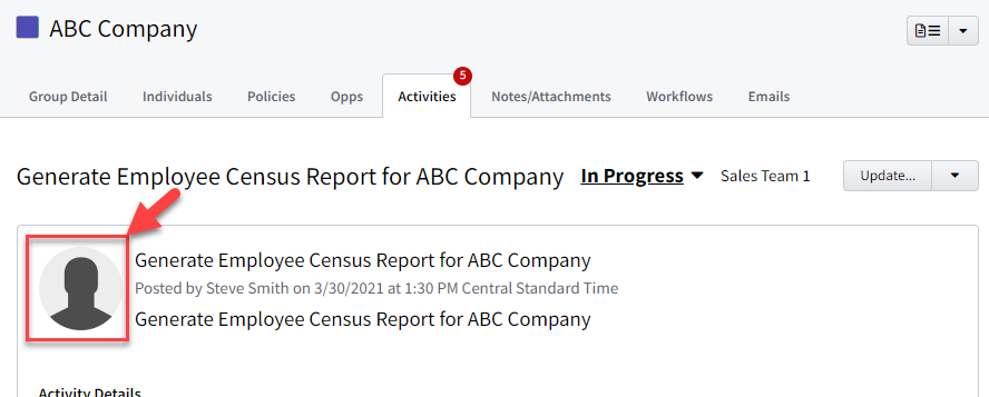 Screenshot showing the user's profile photo on the Activity Details screen