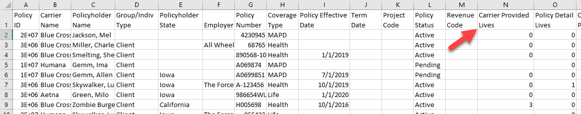 Screenshot showing the Carrier Provided Lives column before the update