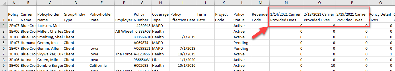 Screenshot showing the Carrier Provided Lives columns after the update