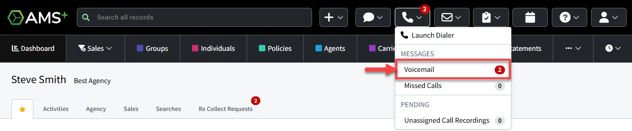 Screenshot showing how to navigate to the Voicemails page from the AMS+ header