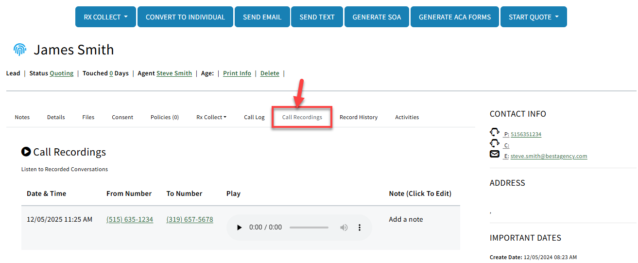 Screenshot showing the Call Recordings tab on a Sales Record