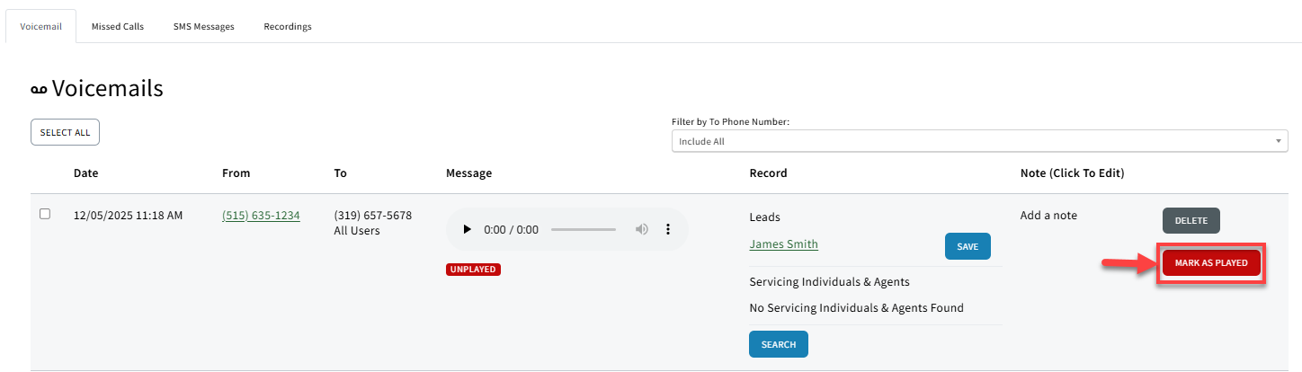 Screenshot highlighting the Mark as Played button on the Voicemails page