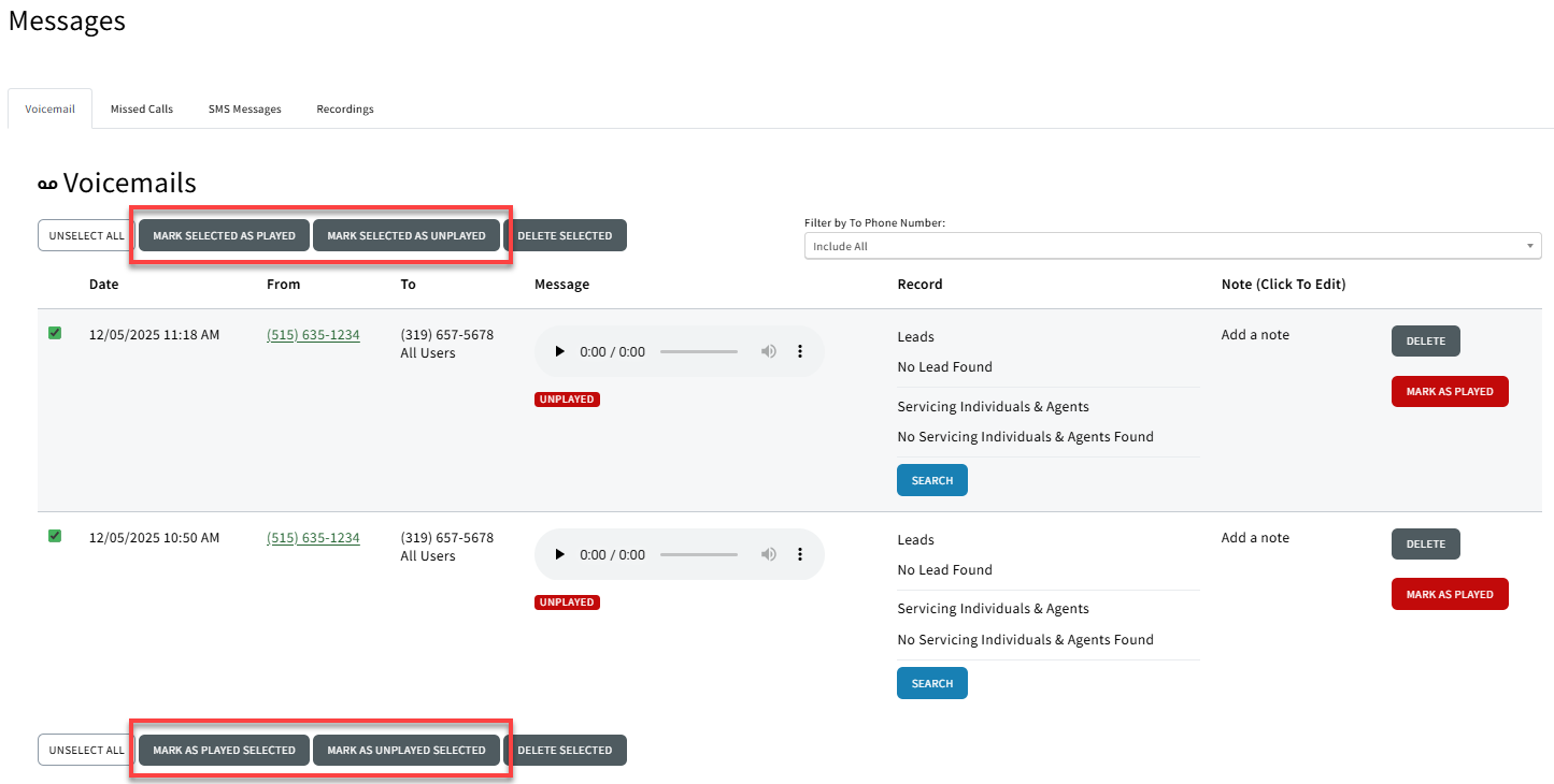 Screenshot showing how to select multiple voicemails to mark as played or unplayed on the Voicemails page