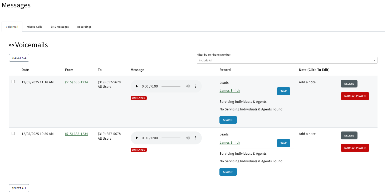 Screenshot showing the Voicemails page
