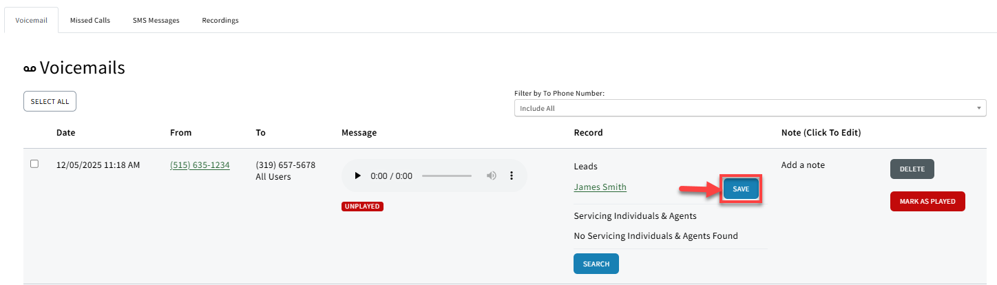 Screenshot highlighting the Save button on the Voicemails page