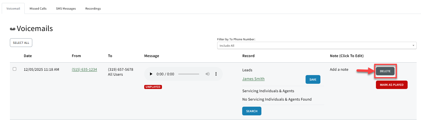 Screenshot highlighting the Delete button on the Voicemails page