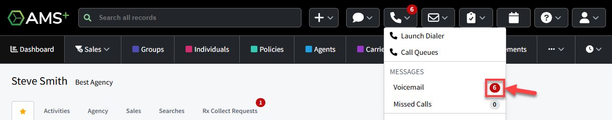 Screenshot highlighting the voicemail badge count in the AMS+ header