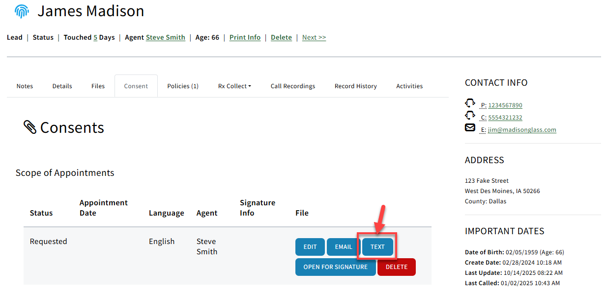 Screenshot showing how to text an SOA from a Sales Record