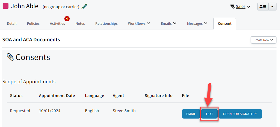 Screenshot showing how to text an SOA from an Individual Record