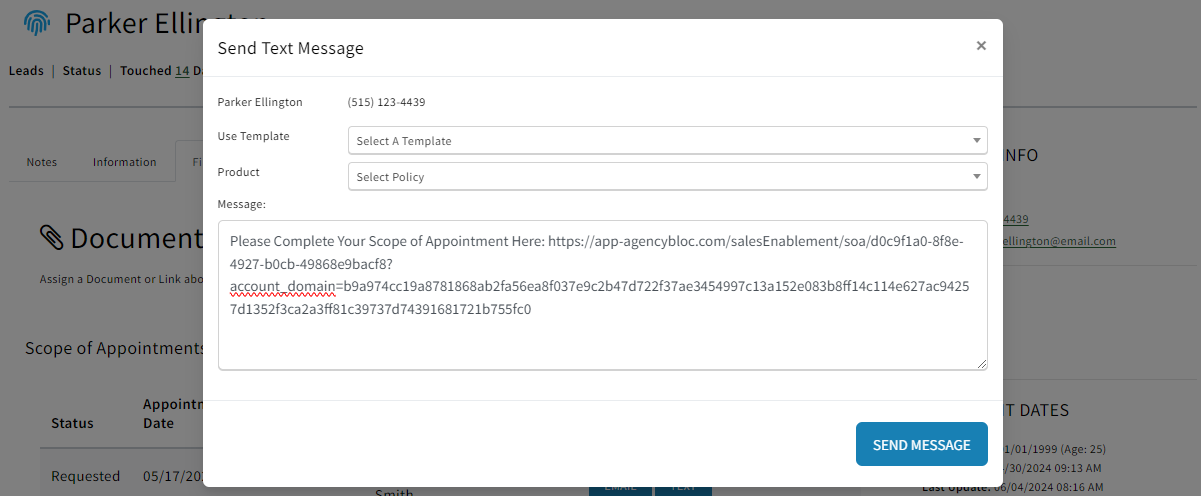 Screenshot showing how to draft a text message with the SOA form link