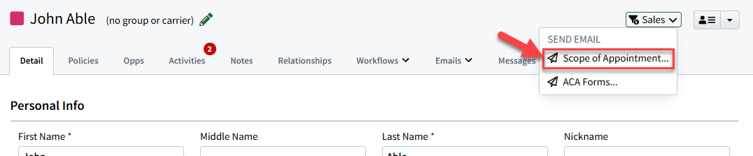 Screenshot showing how to generate a Scope of Appointments from the Sales Menu on an Individual Record