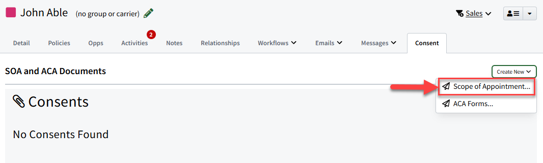 Screenshot showing how to generate a Scope of Appointments from the Consent tab on an Individual Record