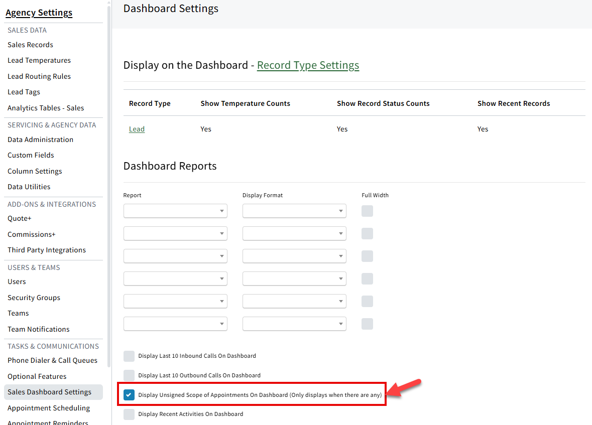 Screenshot showing the setting to display unsigned Scope of Appointments on the Individual Sales Dashboard