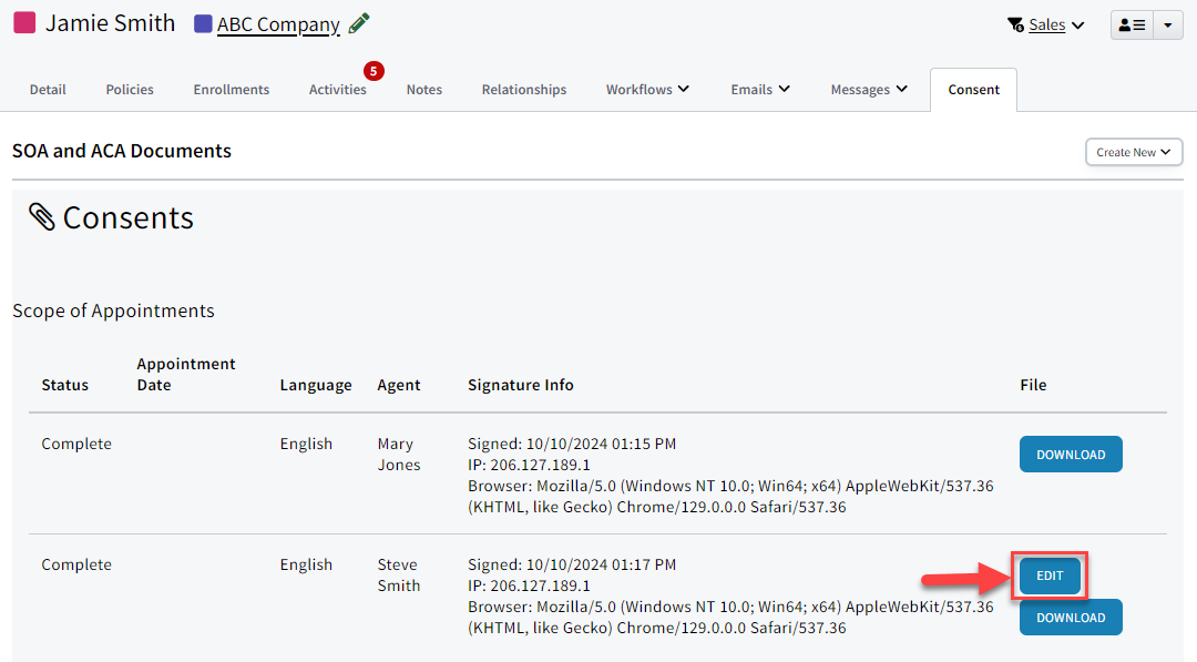 Screenshot showing the Edit button next to an SOA that the user generated