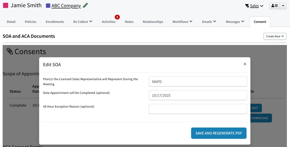 Screenshot showing the Edit Soa modal where the user may edit the plans discussed and appointment date completed fields