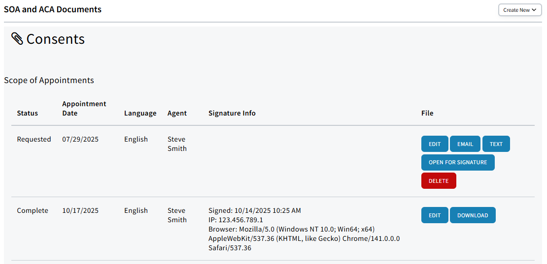 Screenshot showing SOAs on the Consent tab