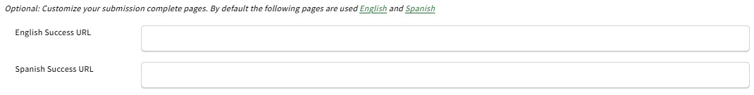 Screenshot showing where to add success URLs for landing pages that display when an ACA Consent or Attestation Form is completed