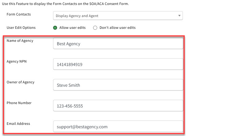 Screenshot showing where to enter agency contact info for ACA Consent and Attestation Forms