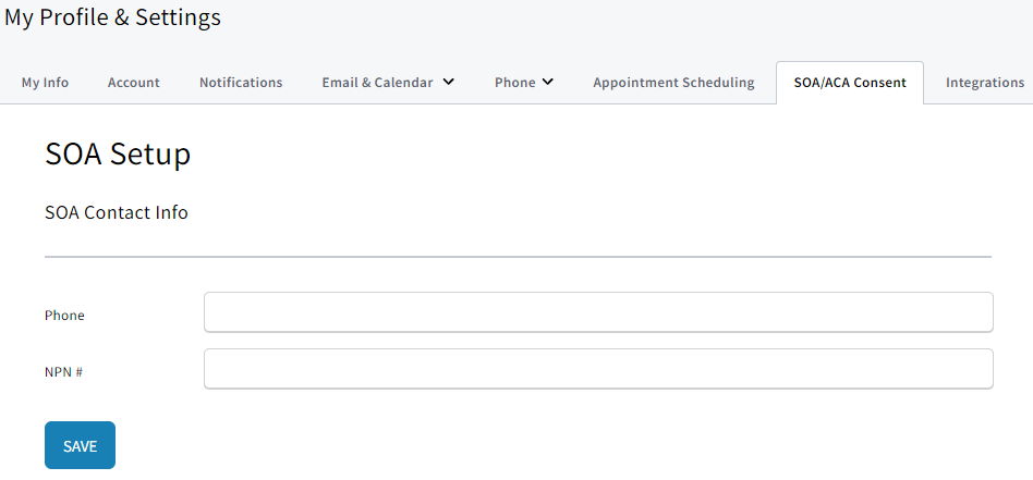 Screenshot showing the SOA / ACA Consent tab in My Account settings