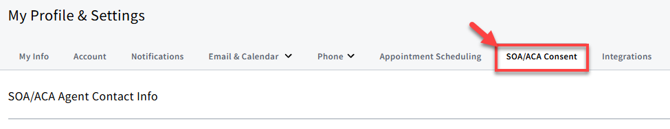 Screenshot showing how to navigate to the SOA/ACA Consent tab in My Account settings