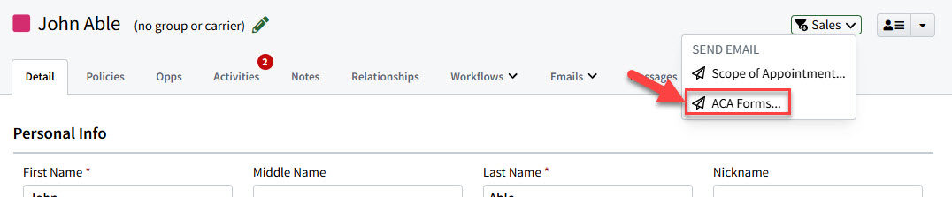 Screenshot showing the ACA Forms option from the Sales menu