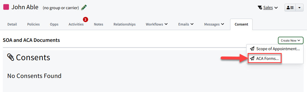 Screenshot showing the ACA Forms option from the Consent tab's Create New menu