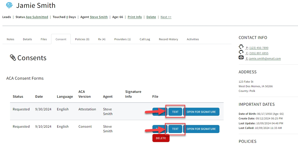 Screenshot highlighting the Text button in the ACA Consent Form section of a Sales Record's Files tab
