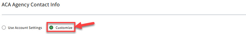Screenshot showing how to turn on custom agency contact information for ACA forms in My Account settings