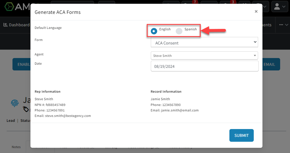 Screenshot showing the Generate ACA Consent Form window with the language field highlighted