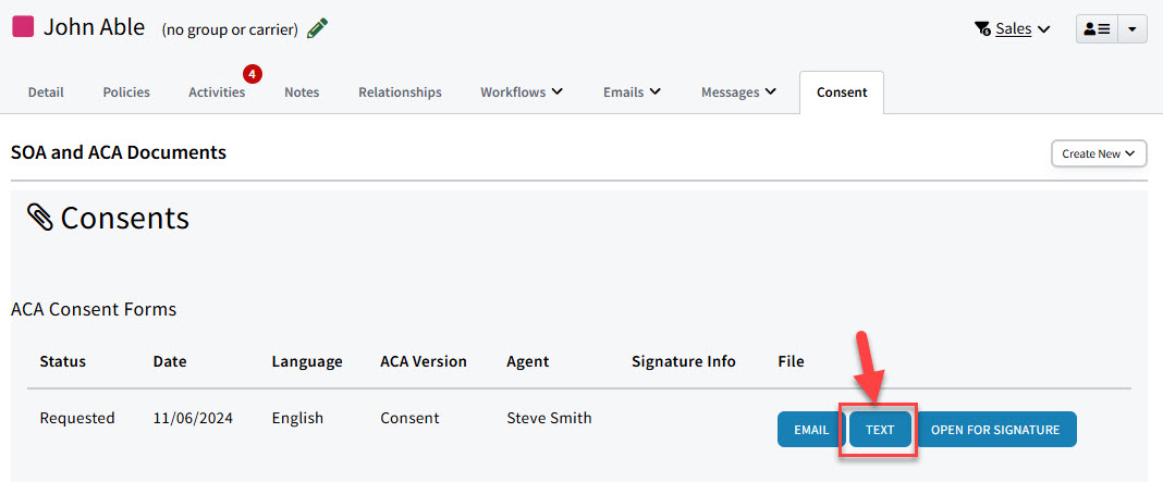 Screenshot showing how to text an ACA Form from an Individual Record's Consent tab