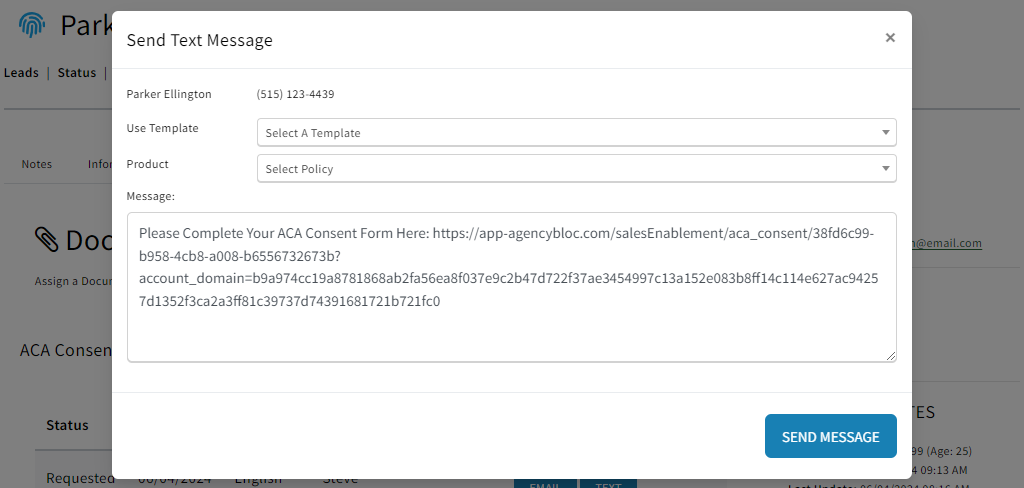 Screenshot showing text being drafted with a link to the ACA Consent Form