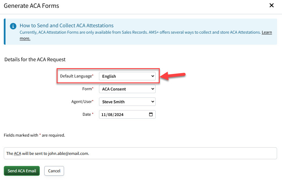 Screenshot highlighting the language field on the Send ACA Forms modal