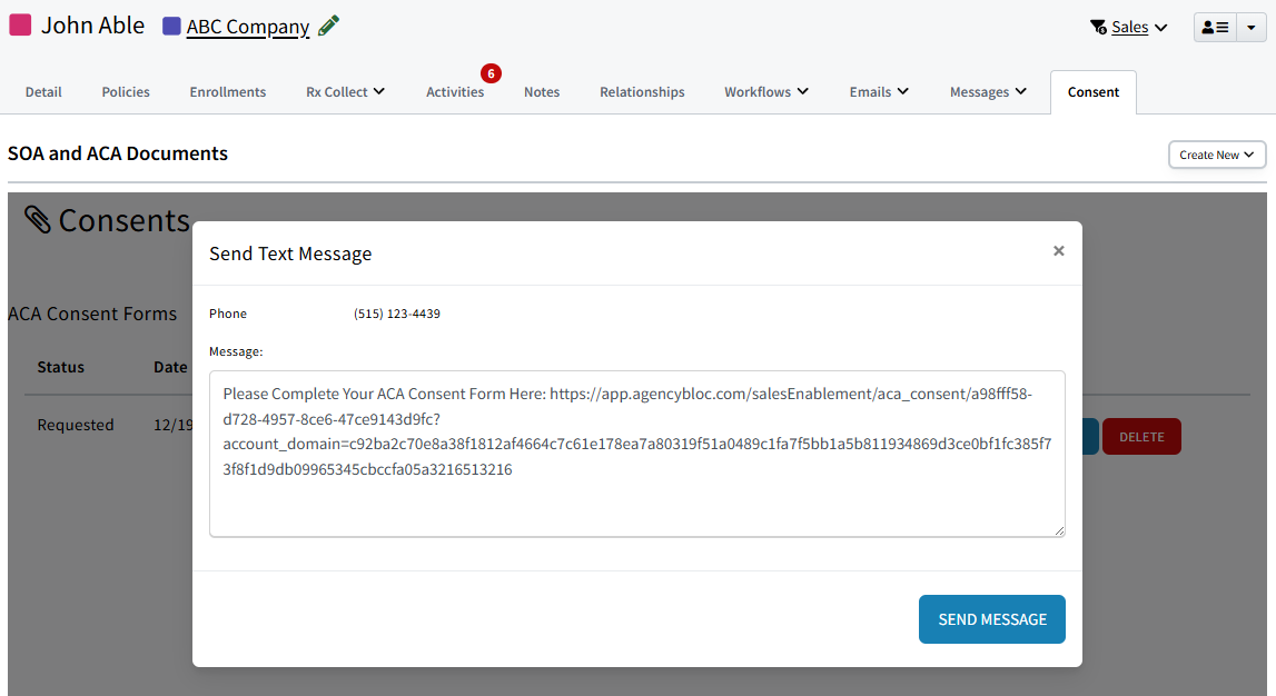 Screenshot showing how to compose the SMS text message for the ACA Attestation form