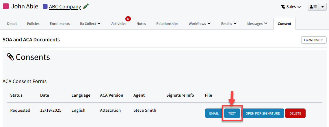 Screenshot showing how to text an ACA Attestation form from an Individual Record