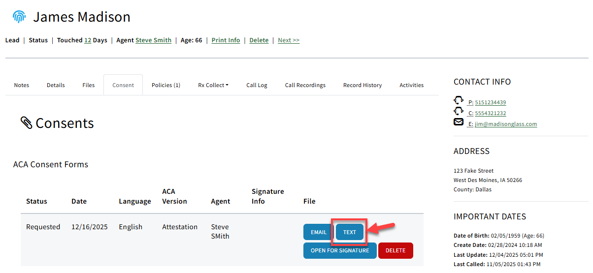 Screenshot showing how to text an ACA Attestation form from a Sales Record