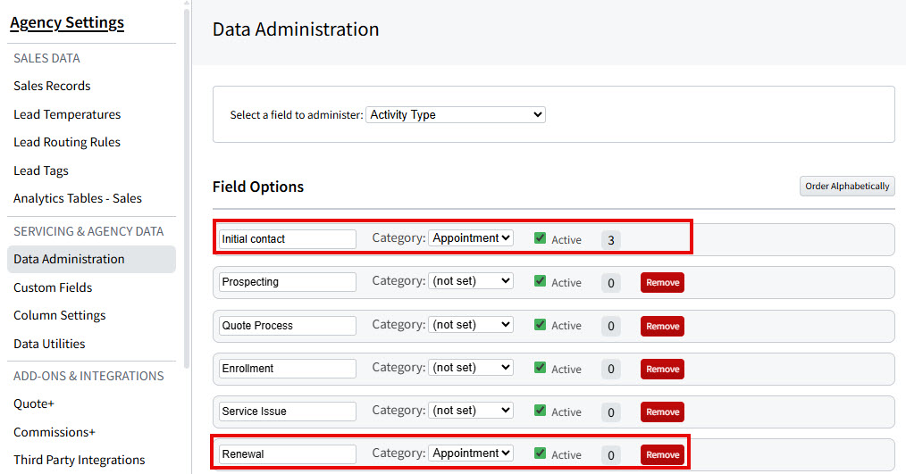 Screenshot showing Activity Types assigned to the Appointment category
