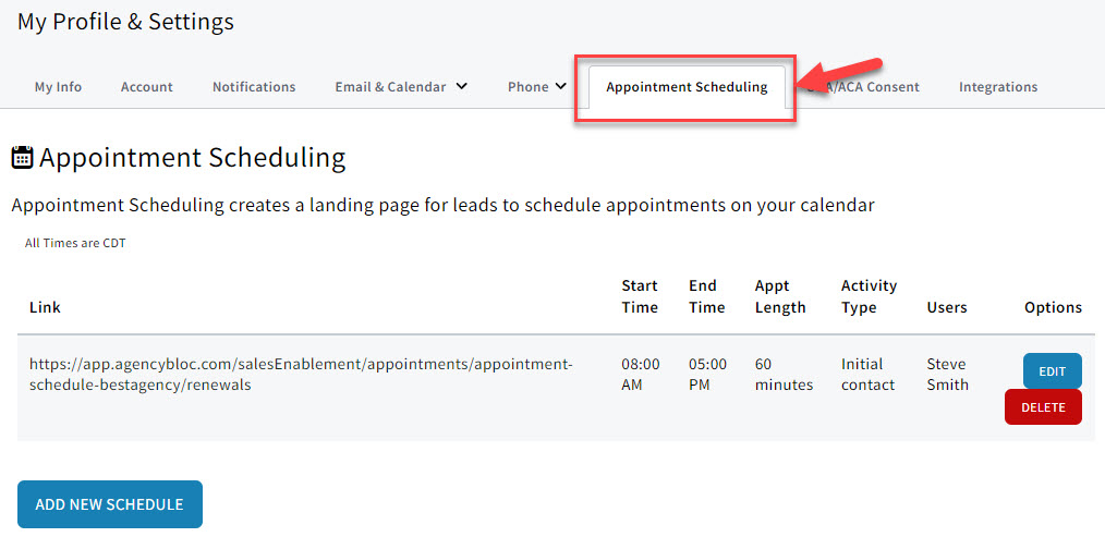 Screenshot showing where to add Appointment Schedulers at the user level