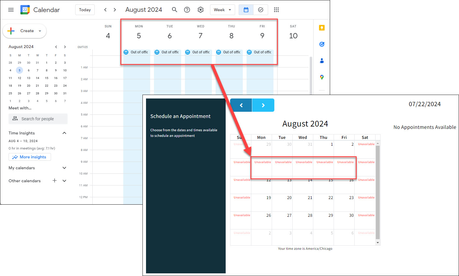 Image showing how events marked as out of office on a connected Google Calendar are reflected in an Appointment Scheduler