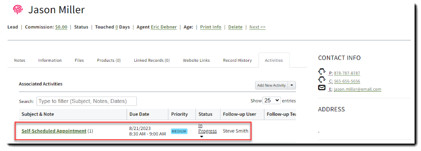 Screenshot showing the Activity with the appointment details on the Lead record
