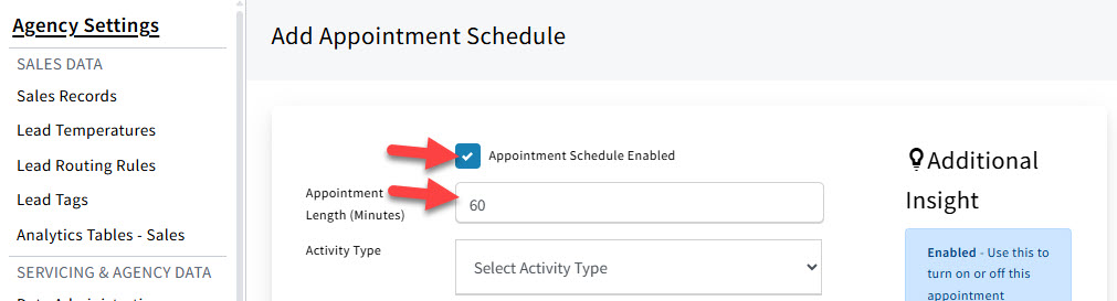 Screenshot highlighting the Appointment Schedule Enabled an dAppointment Length fields