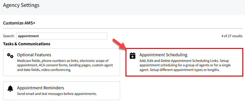 Screenshot showing how to find and open the Appointment Scheduling settings