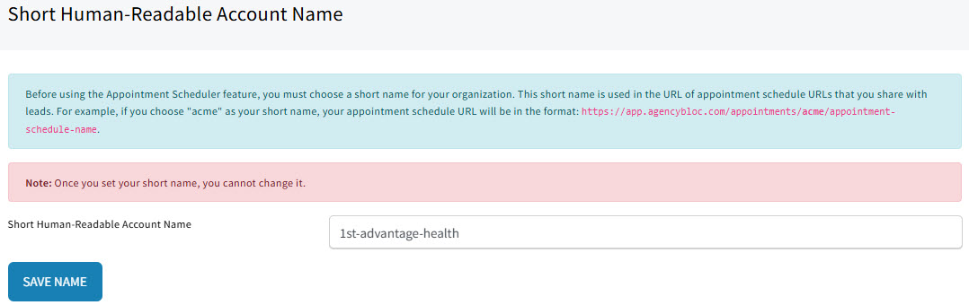 Screenshot showing where to enter the short account name to activate Appointment Scheduling