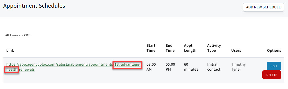 Screenshot showing where the short account name appears in an Appointment Scheduler URL