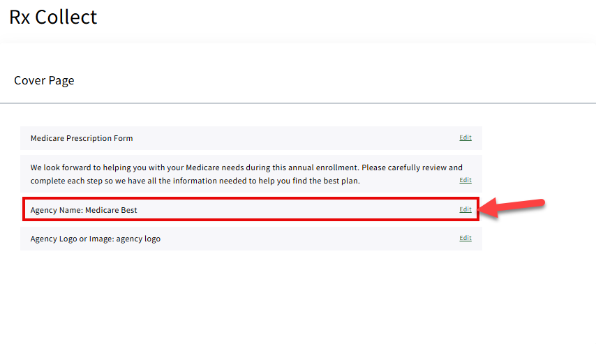 Screenshot showing to edit the agency name in the Cover Page section of Rx Collect settings