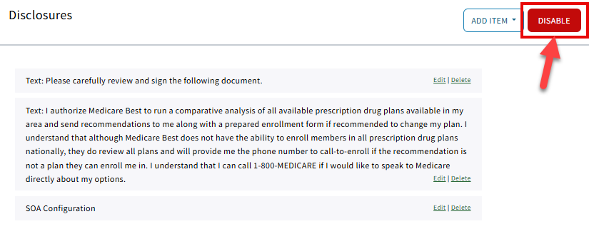 Screenshot showing how to disable the Dislcosures section as an example in Rx Collect settings