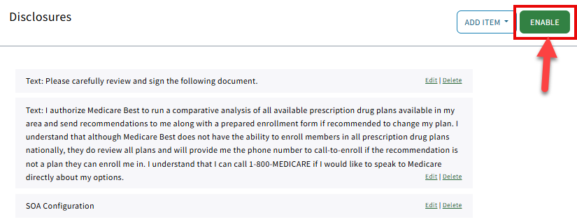 Screenshot showing how to enable the Disclosures section as an example in Rx Collect settings