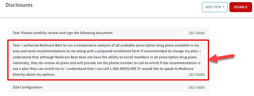 Screenshot showing to edit the agency name in the Disclosures section of Rx Collect settings
