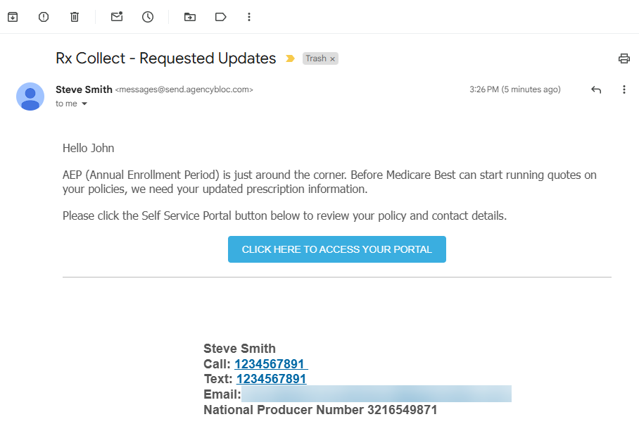 Screenshot showing the Rx Collect form email